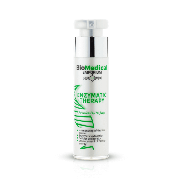A bottle of biomedical enzymatic serum on a white background.