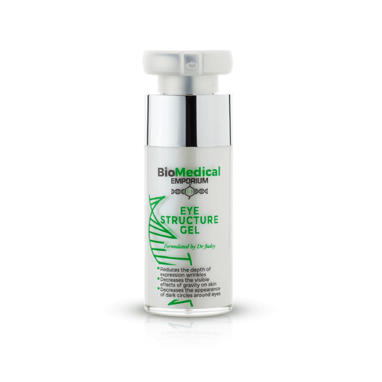 A bottle of biomedical eye serum on a white background.