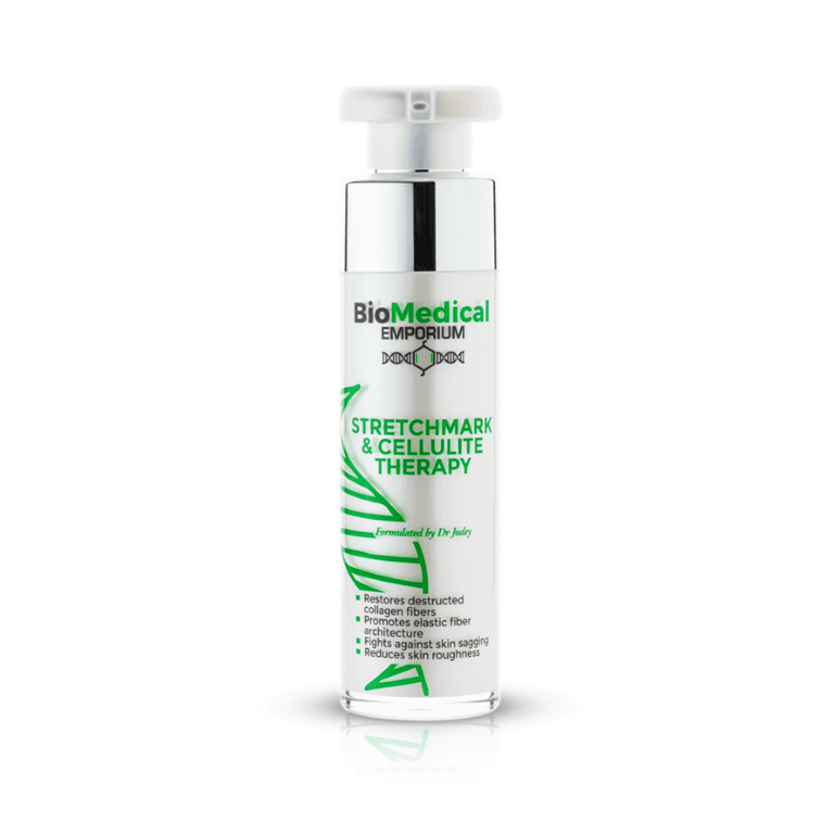 A bottle of biomedical exfoliating cream on a white background.