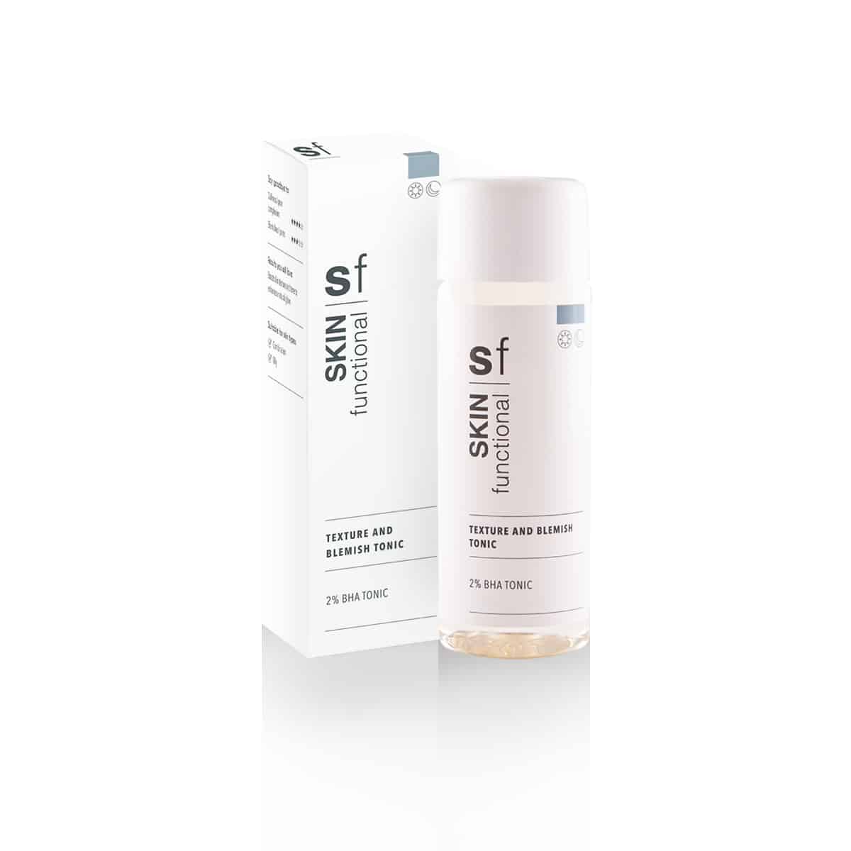 A bottle of SKIN Functional - 2% BHA Tonic - Texture and Blemish Tonic, a skincare cleanser, on a white background.