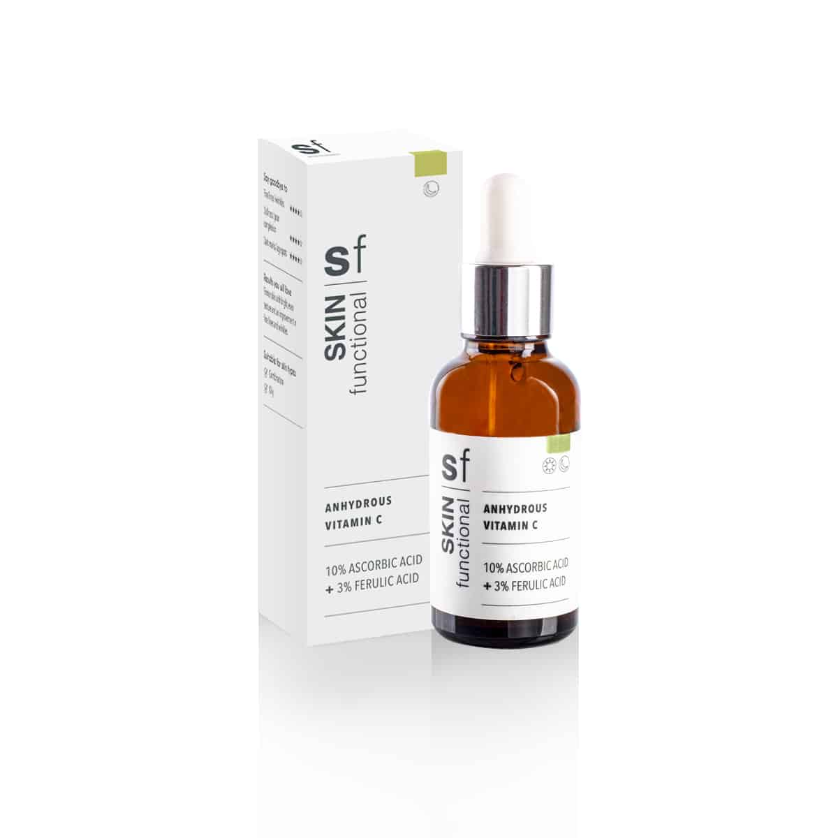 A bottle of SKIN Functional - 10% Ascorbic Acid + 3% Ferulic Acid - Anhydrous Vitamin C (Antioxidant Complexion Firmer) on a white background.