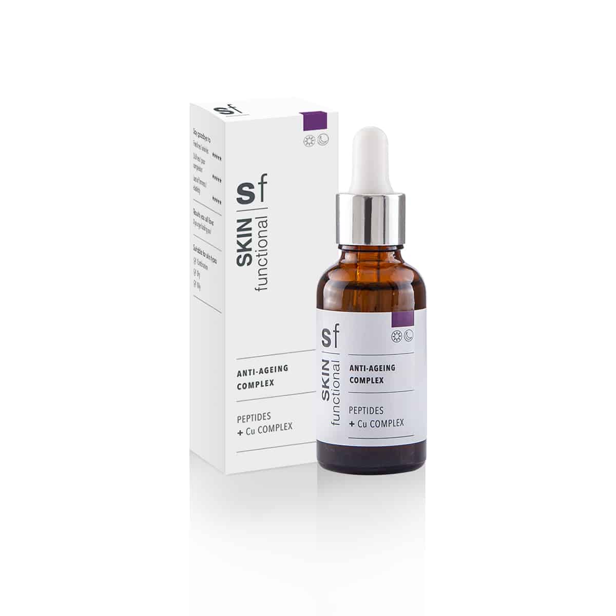 A bottle of SKIN Functional - Peptides + Cu Complex - Anti Ageing Complex serum on a white background.