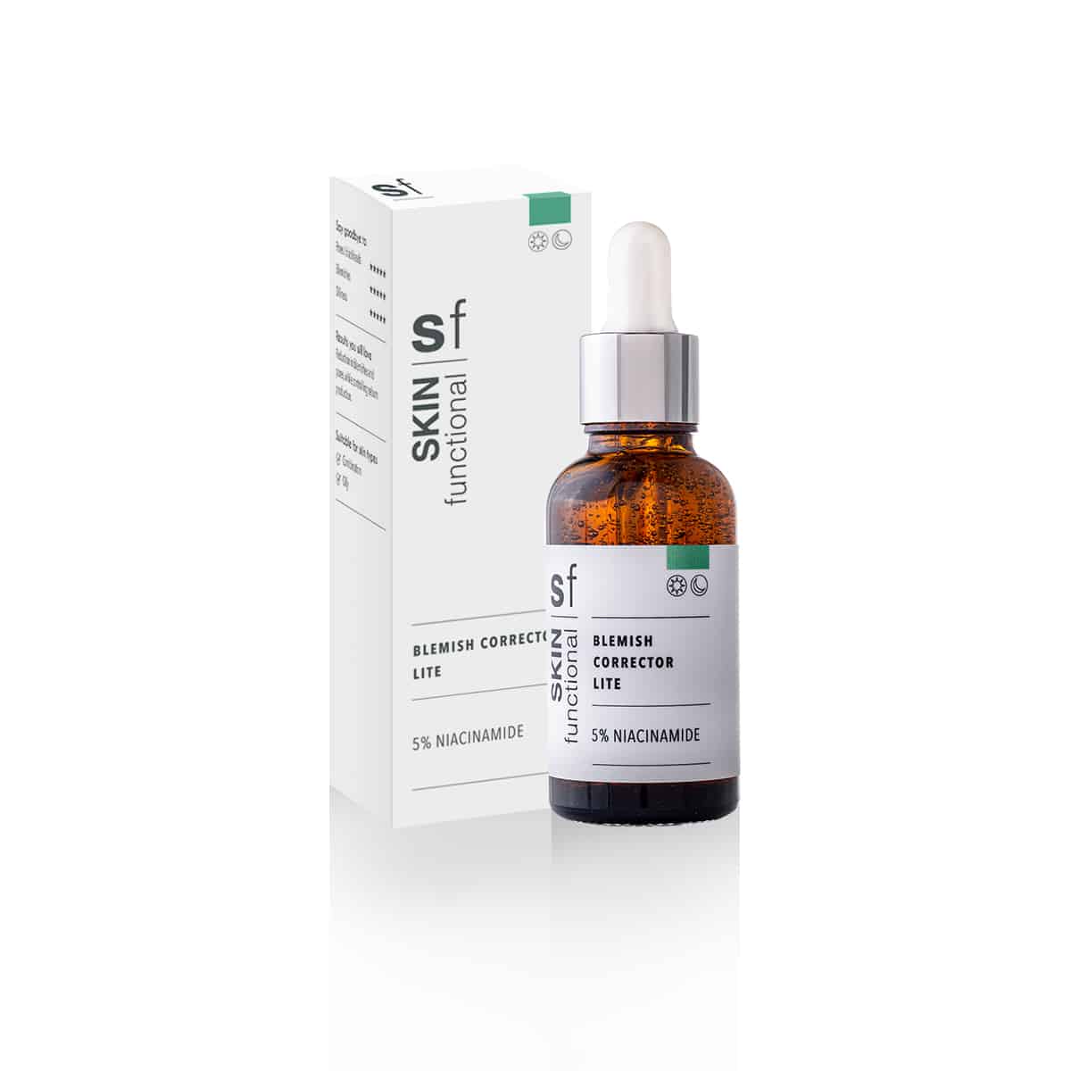 A bottle of SKIN Functional - 5% Niacinamide - Blemish Corrector Lite on a white background.