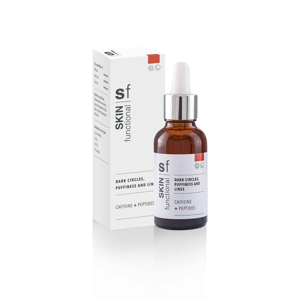 A bottle of SKIN Functional - Caffeine + Peptides - Dark Circles, Puffiness and Lines with a box next to it, designed to target dark circles, puffiness, and lines.