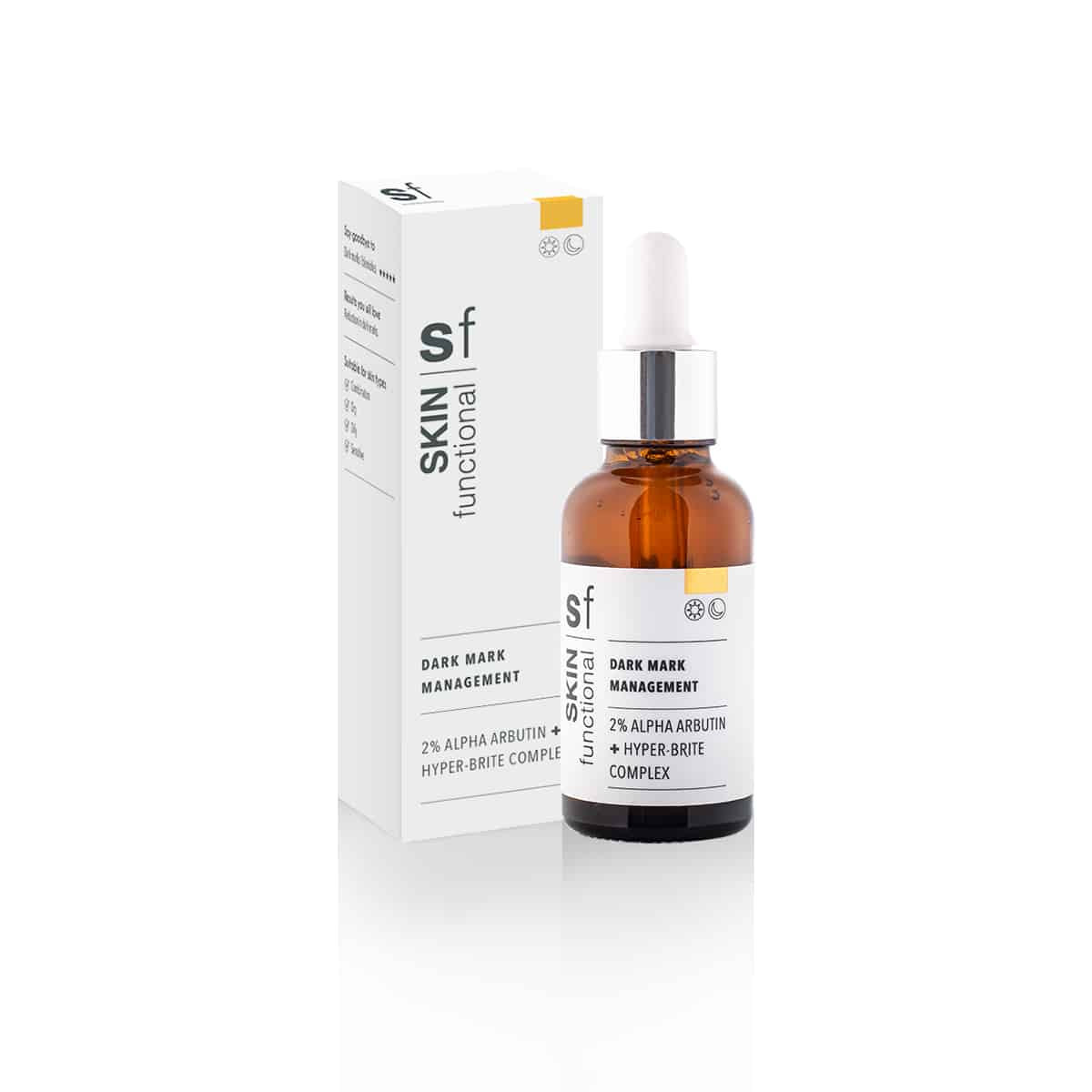 A bottle of SKIN Functional - 2% Alpha Arbutin + Hyper-Brite Complex - Dark Mark Management serum for skin brightening on a white background.