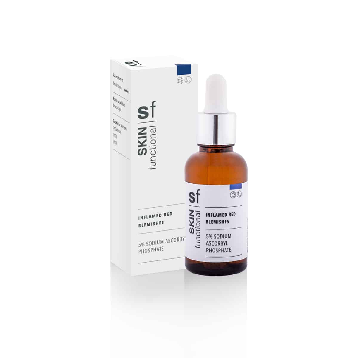 A bottle of vitamin C serum for SKIN Functional - 5% Sodium Ascorbyl Phosphate - Inflamed Red Blemishes on a white background.
