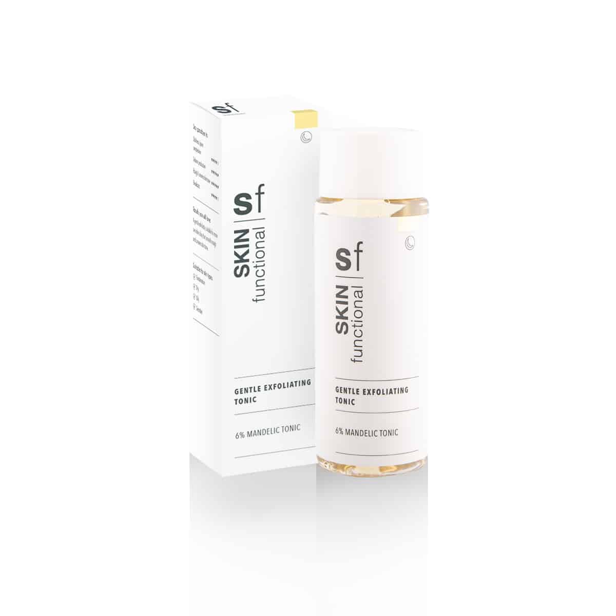 A bottle of skin hydrating serum with SKIN Functional - 6% Mandelic Tonic - Gentle Exfoliating Tonic on a white background.