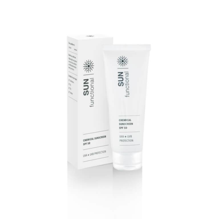 A tube of SKIN Functional - Sunscreen SPF50 + UVA and UVB Protection 75ml on a white background.