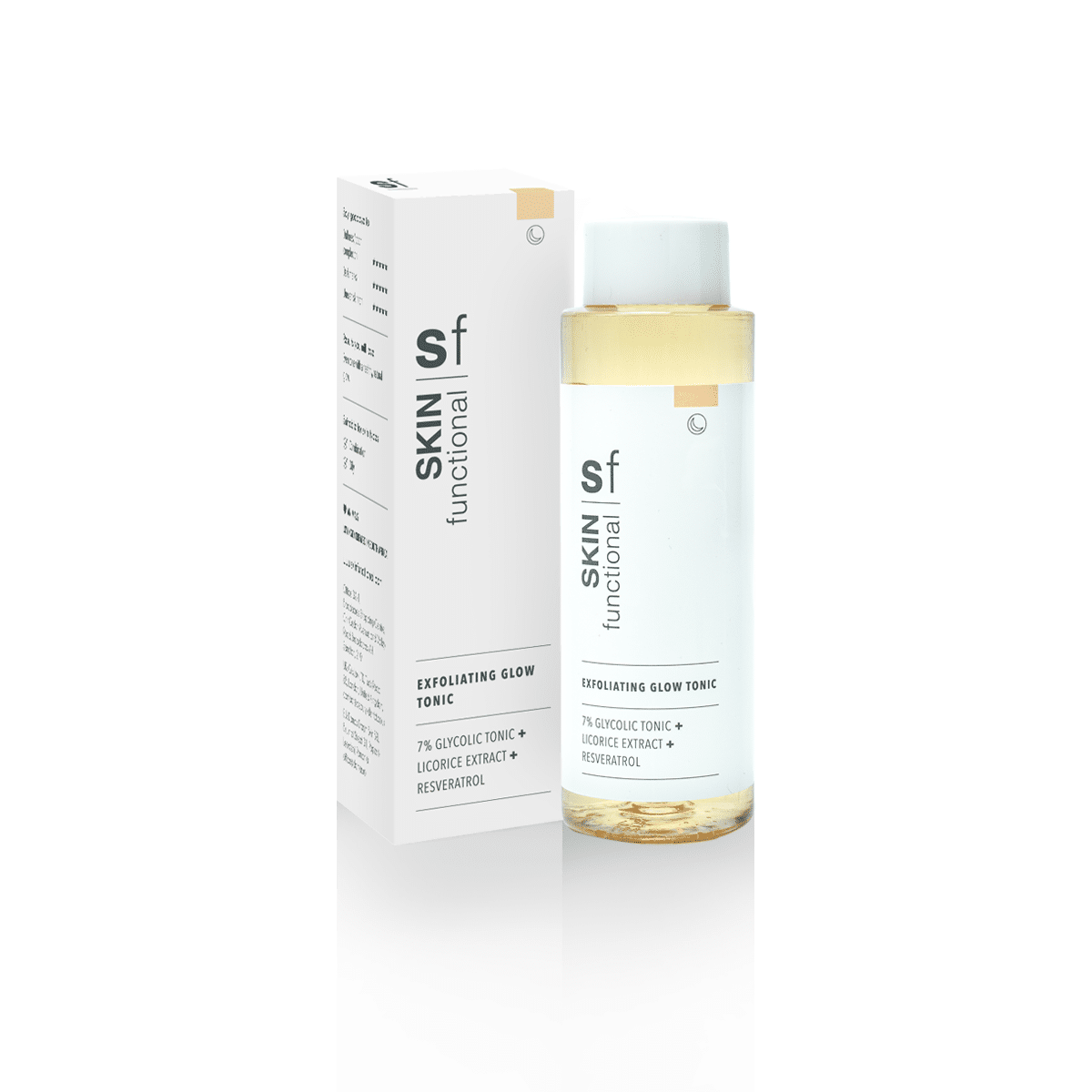 A bottle of Skin Functional - 7% Glycolic Acid + Licorice Extract + Resveratrol on a white background.