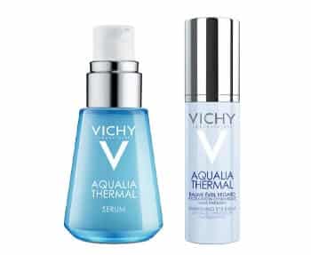Vichy aqua thermal serum and a bottle of water.