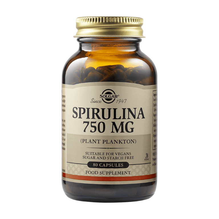 A bottle of Solgar - Speciality Supplements - Spirulina Vegetarian 750mg Caps - Size: 80.