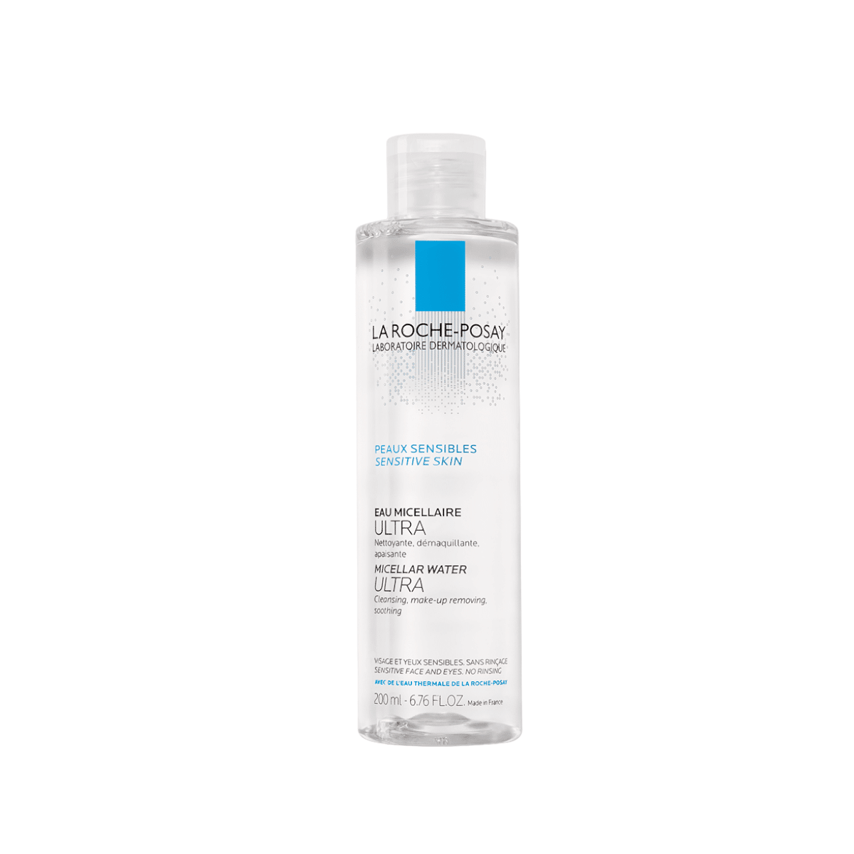 A bottle of La Roche-Posay Ultra Micellar Solution 200ml on a white background.