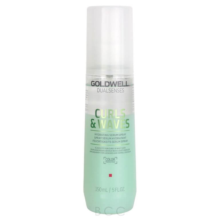 A bottle of Goldwell - Curls & Waves Serum Spray 150ml from the Curls & Waves line on a white background.