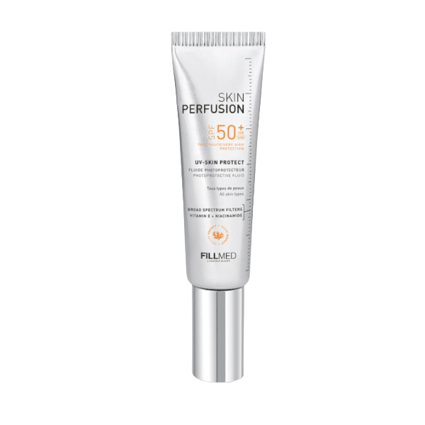 A Fillmed Skin Perfusion - UV-Skin Protect SPF50 50ml sunscreen with a white tube that provides high protection against sun exposure.