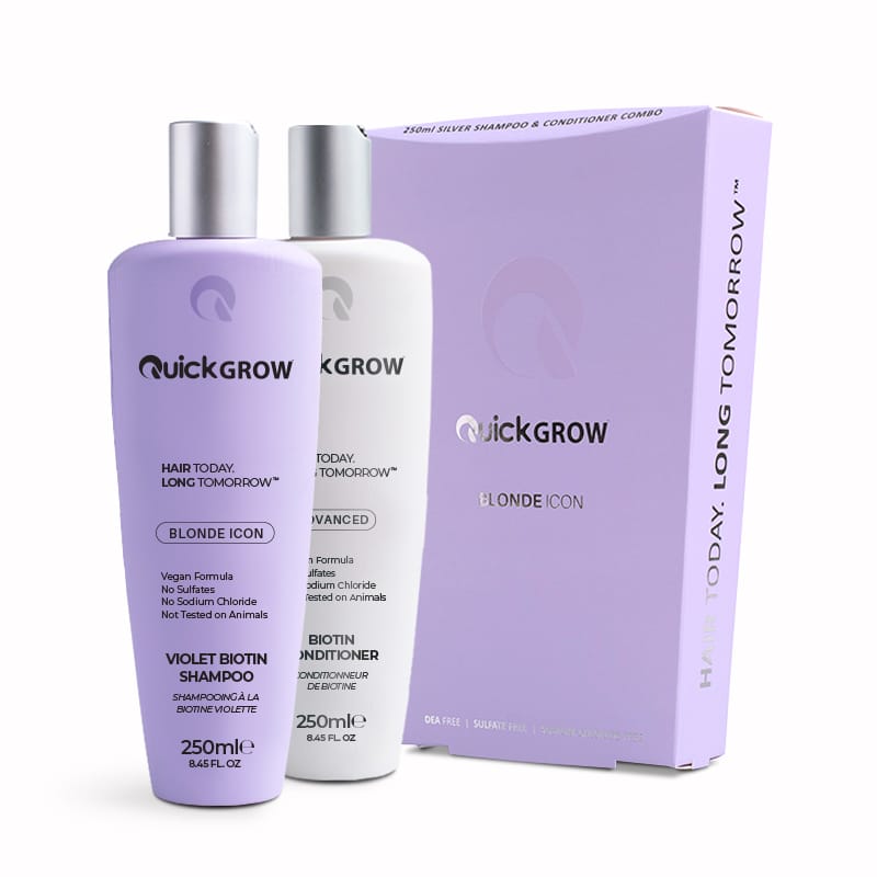A box with two bottles of Quick Grow - Blonde Icon Combo 250ml shampoo and conditioner.