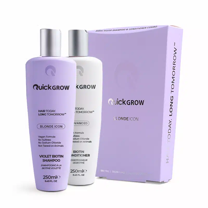A box with two bottles of Quick Grow - Blonde Icon Combo 250ml shampoo and conditioner.