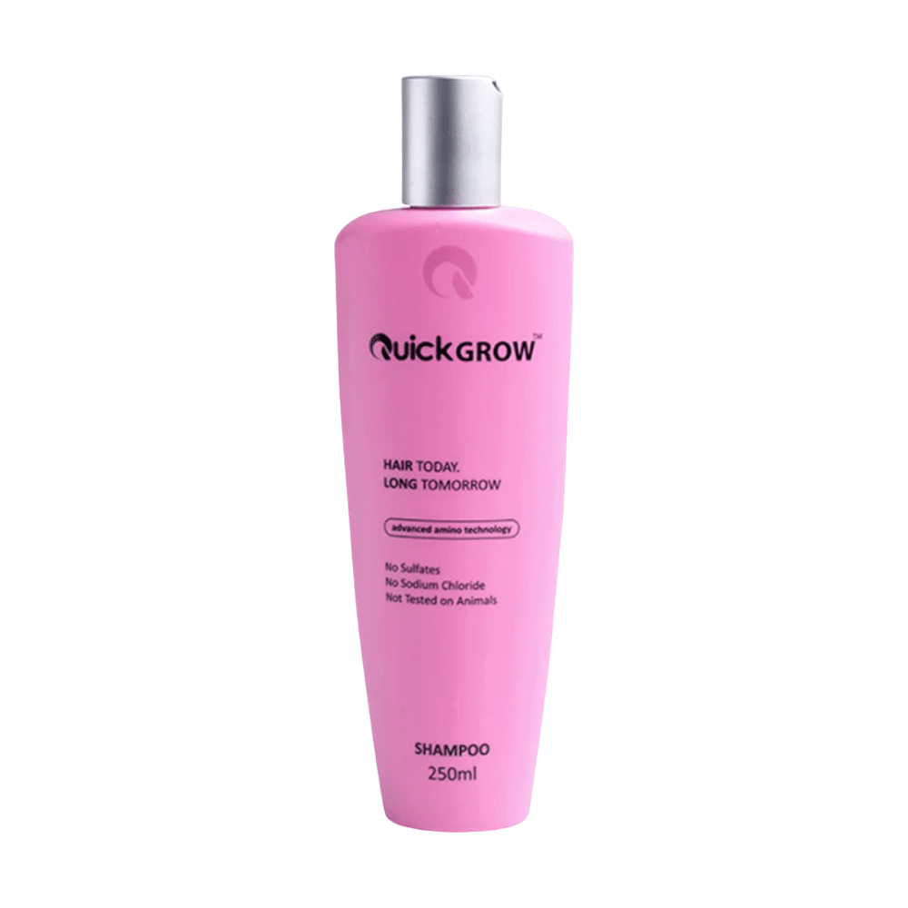 A 250ml bottle of pink Quick Grow -  250ml Shampoo Sulfate/Sodium Free on a white background.