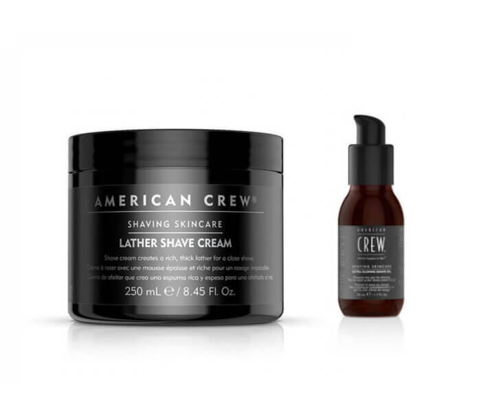 American crew shave cream and a bottle of shave cream.