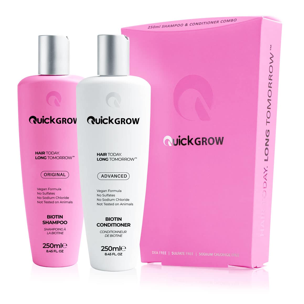 A pink box with a bottle of Quick Grow -250ml Combo Pack Shampoo & Conditioner.