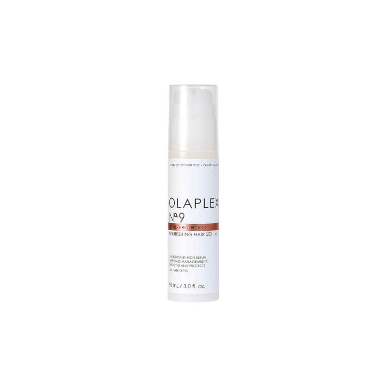 A tube of OLAPLEX No. 9 Bond Protector Nourishing Hair Serum on a white background.
