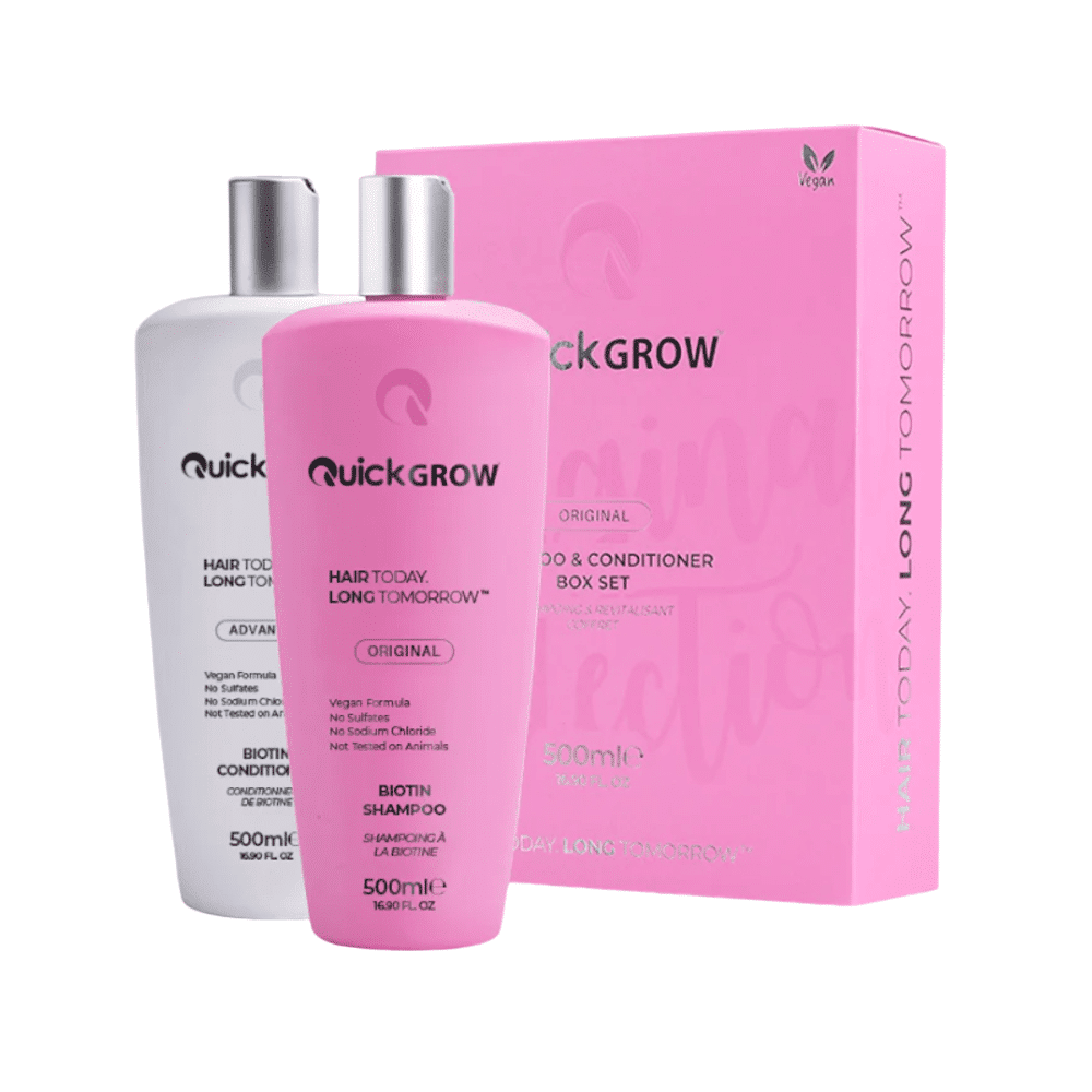 Two bottles of Quick Grow - 500ml Original Combo shampoo and conditioner in a pink box.