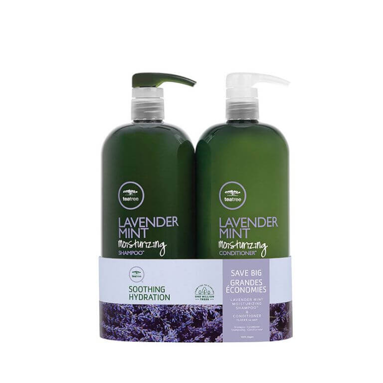 Two bottles of lavender Paul Mitchell - Soothing Hydrating Duo shampoo and conditioner on a white background.