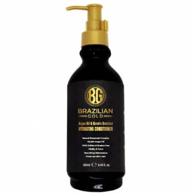 A bottle of Brazilian Gold - Hydrating Conditioner with a gold bottle.