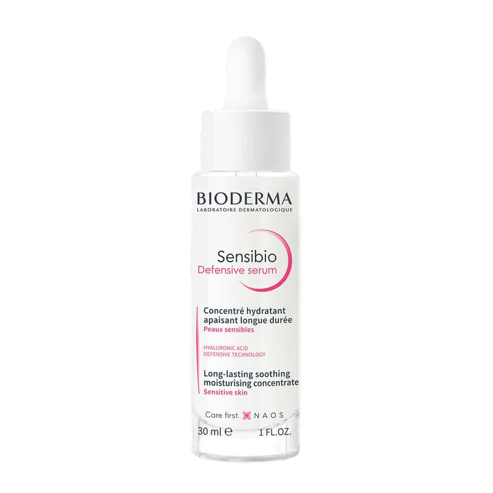 A bottle of Bioderma - Sensibio Defensive serum 30ml on a white background.