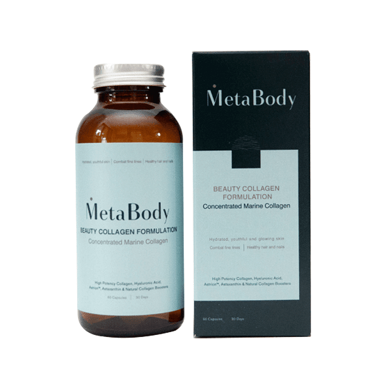 A bottle of MetaBody - Beauty Collagen Formulation Capsules*60 next to a box of Beauty Collagen Formulation Capsules*60.