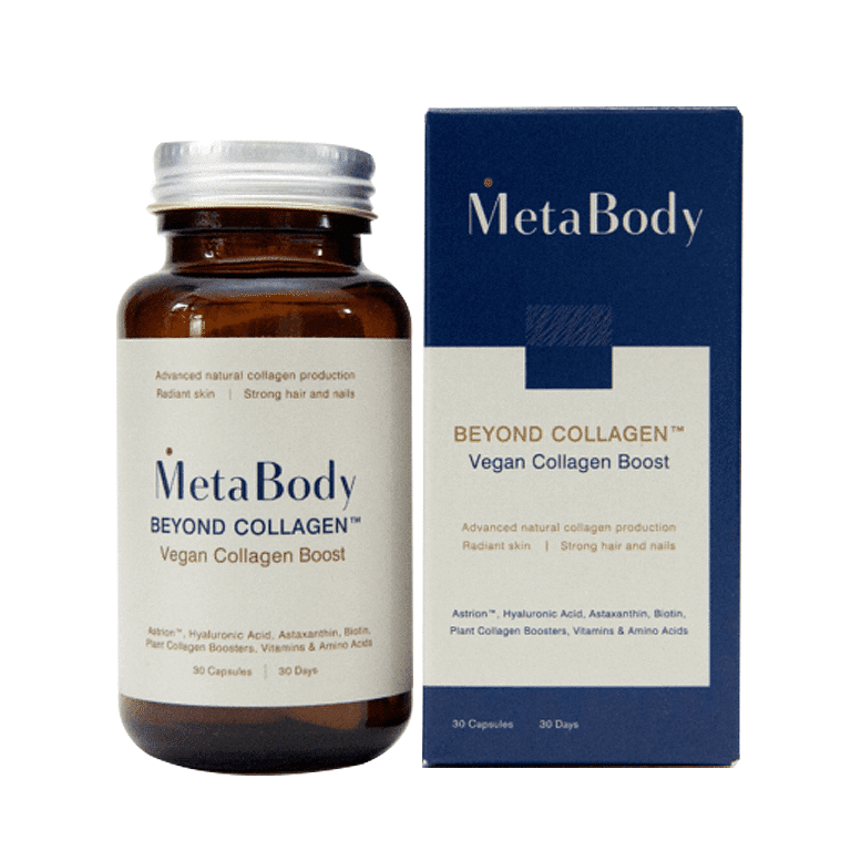 Sentence with product name: A bottle of MetaBody - Beyond Collagen - Vegan Collagen Boost*30, a vegan collagen boost supplement.