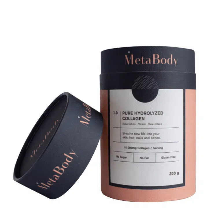 A tin with a pink and black label on it that says MetaBody - Pure Hydrolyzed Collagen 300g.