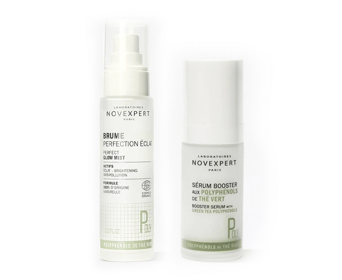 Two bottles of skin care products on a white background.