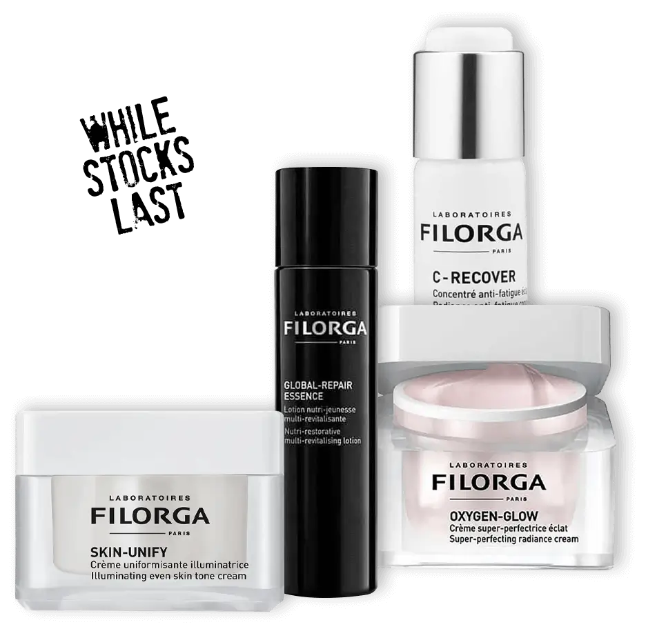 Filorga skincare products on a black background.
