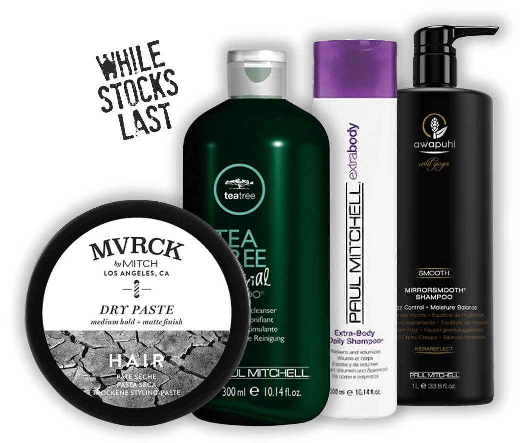 A selection of hair care products with the words 'while stocks last'.