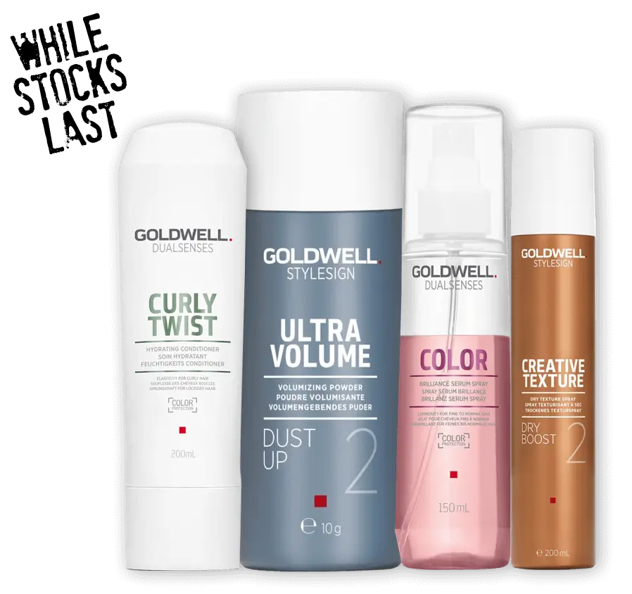 Goldwell styling kit with a bottle of hairspray and a bottle of hairspray.