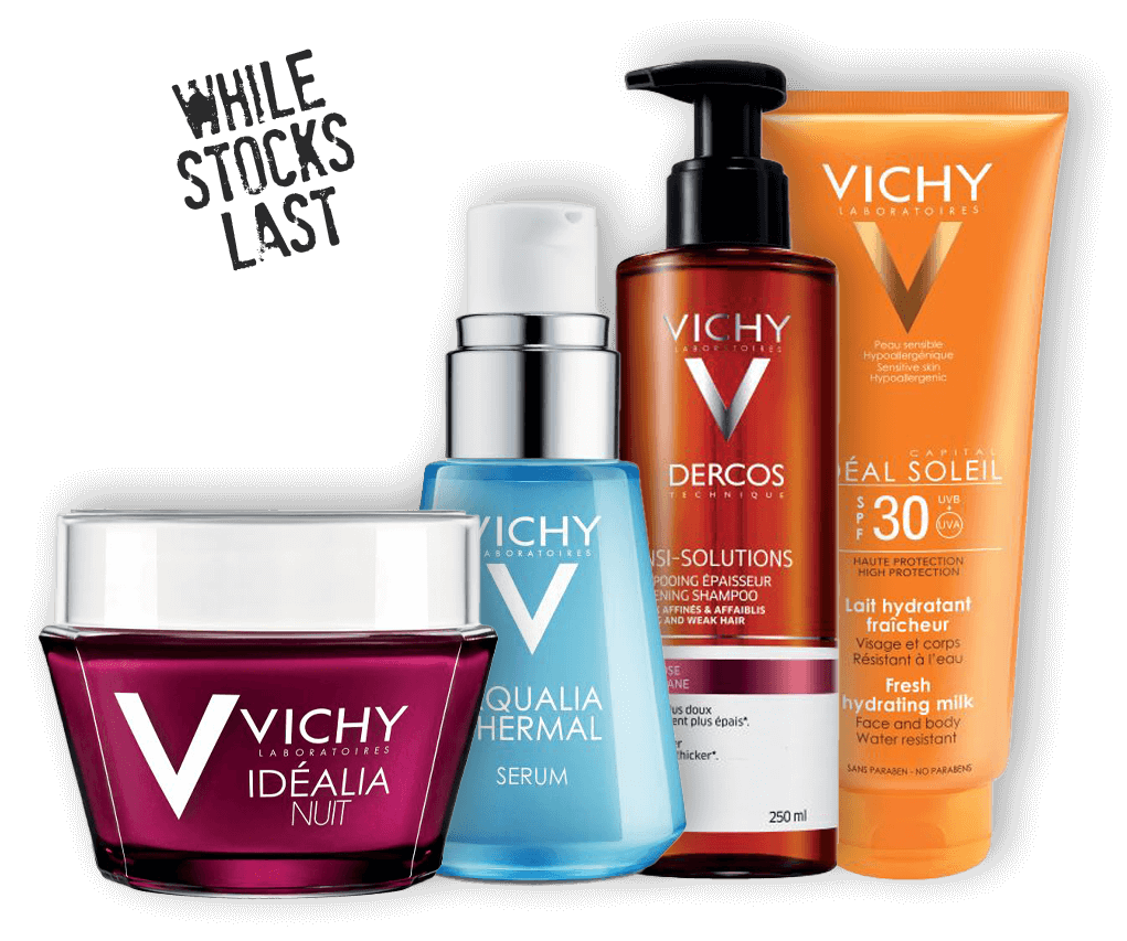 Vichy skin care products on a black background.