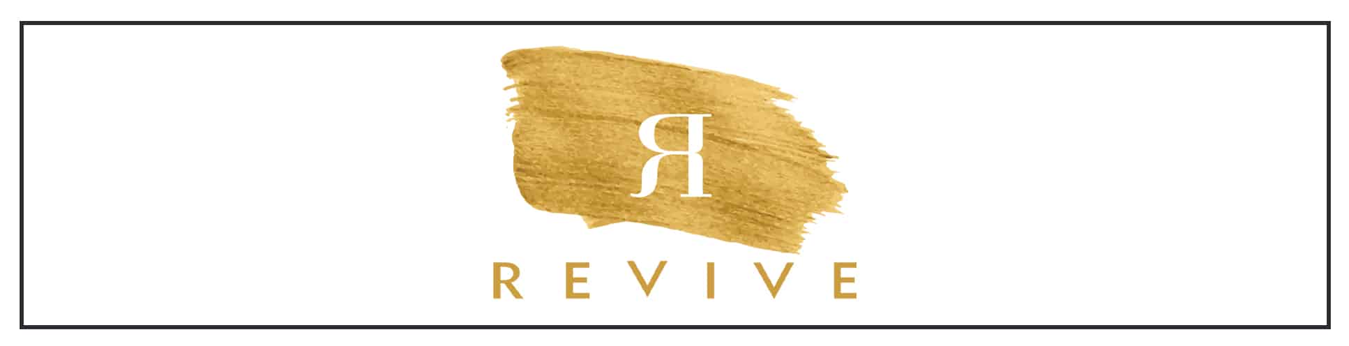 A gold logo with the word revive.
