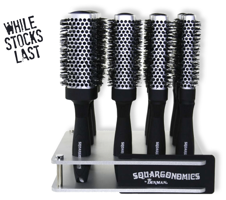 A set of six hair brushes on a ceramax stand with the words 'while stocks last'.