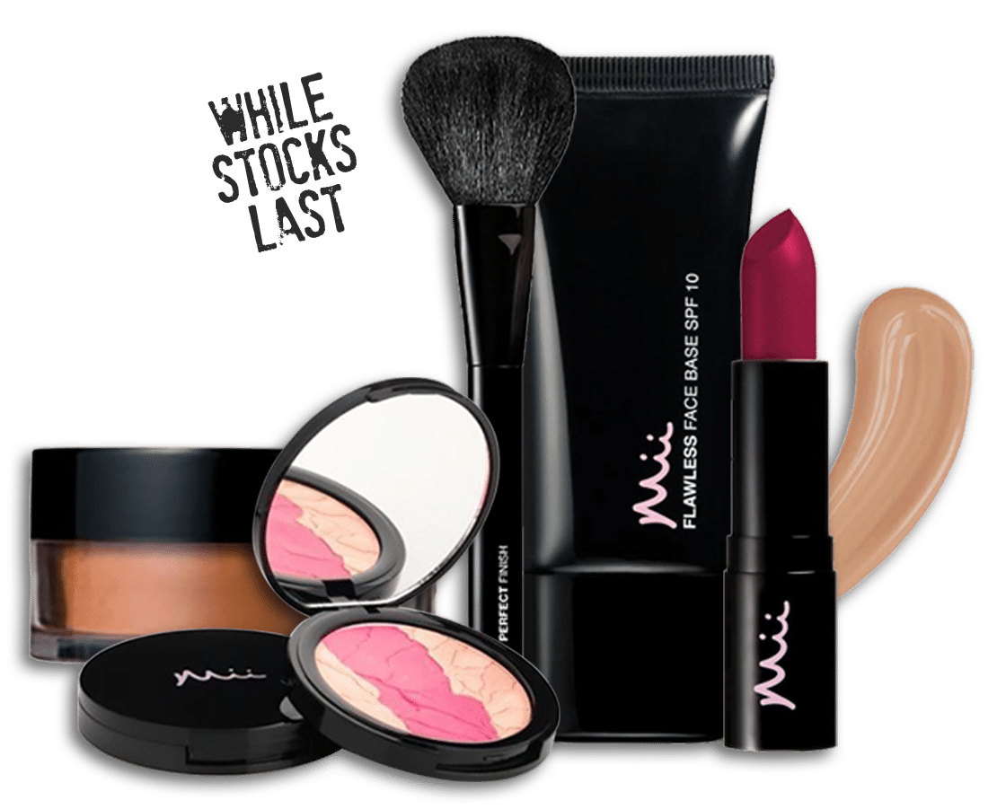 A makeup kit with a lipstick, blush, and eyeshadow.