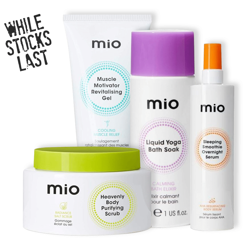 Mio skin care products on a white background.