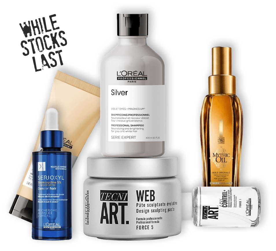 A selection of beauty products with the words while stocks last.