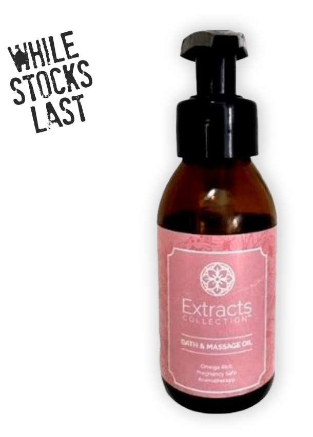 A pink bottle of extracts with the words 'while stocks last' available online.