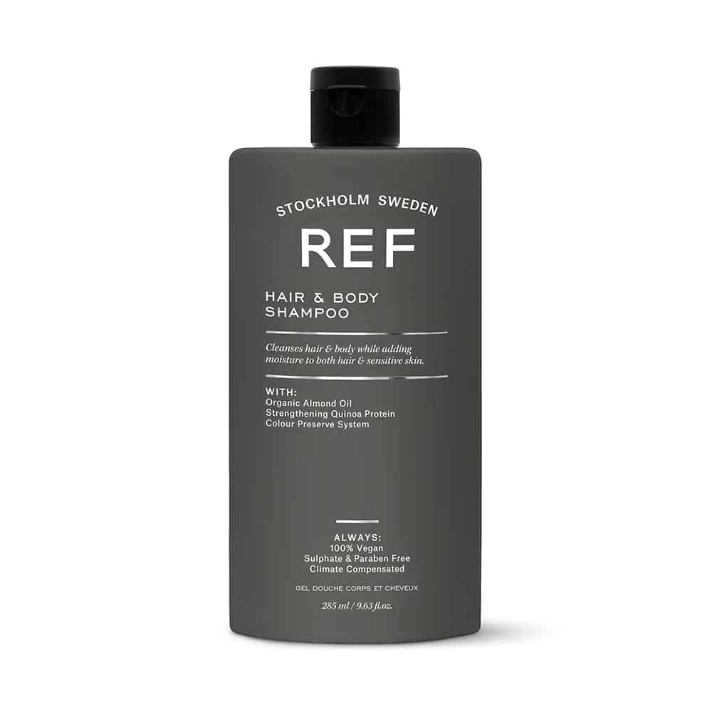 A bottle of ref hair and body shampoo.