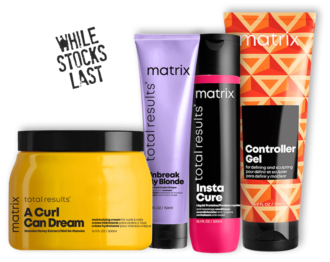 The matrix hair care products are shown on a white background.