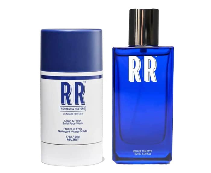 A bottle of rr deodorant and a tube of deodorant.