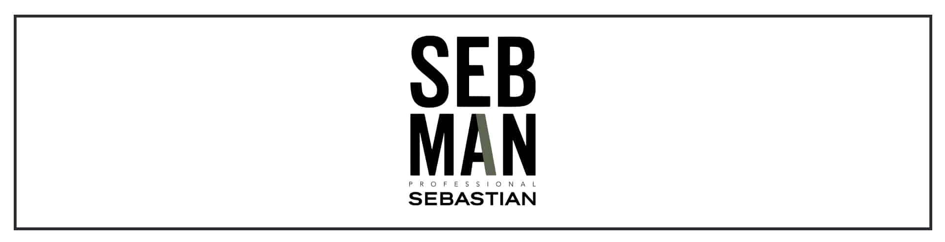 A black and white logo with the words seb man.