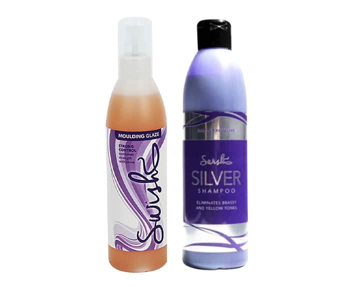 A bottle of silver shampoo and a bottle of silver conditioner.