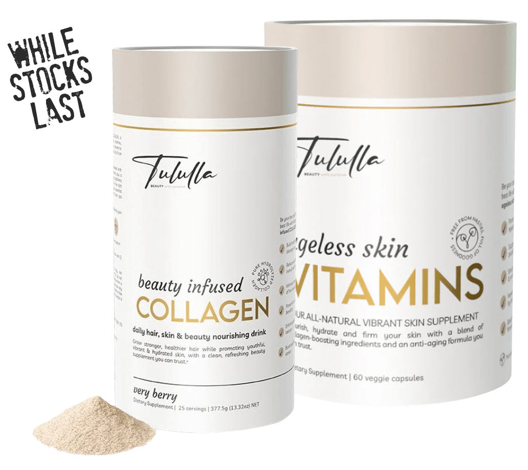 Tilalife collagen powder with a bottle of water.