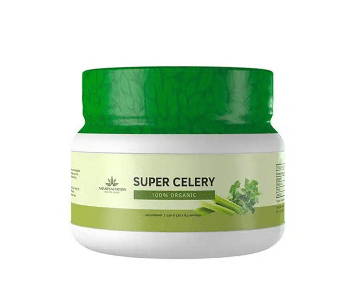 A jar of super celery on a white background.