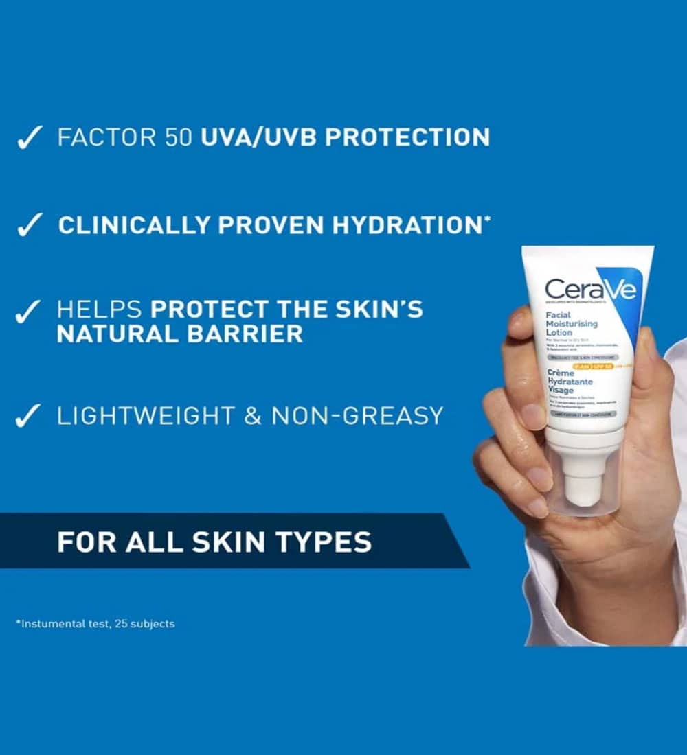 CeraVe AM Facial Moisturising Lotion with Sunscreen SPF50 for Normal to Dry Skin 52ml 3 CeraVe AM Facial Moisturising Lotion with Sunscreen SPF50 for Normal to Dry Skin 52ml
